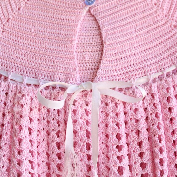 Vintage Baby Dress, Pink Little Girls Frock, Crochet - Picture 7 of 10